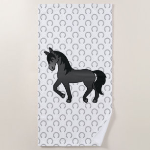 Black Trotting Horse Cute Cartoon Illustration Beach Towel