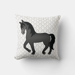 Black Trotting Horse Cute Cartoon Illustration Cushion