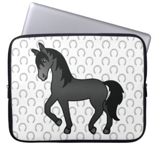 Black Trotting Horse Cute Cartoon Illustration Laptop Sleeve