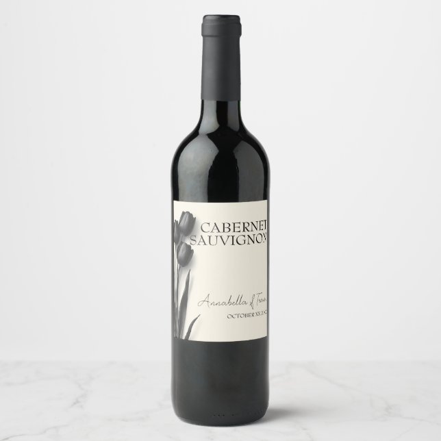 Black Tulips Gothic Floral Wedding Wine Label (Front)