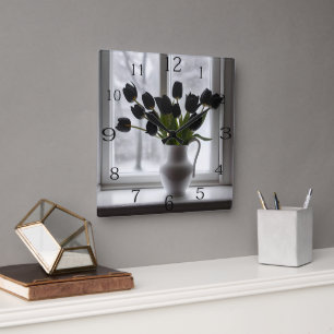 Black Tulips In White Vase Beside Frosty Window, Square Wall Clock