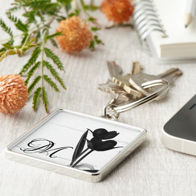 Black Tulips | Personalised Initial Key Ring (Side)