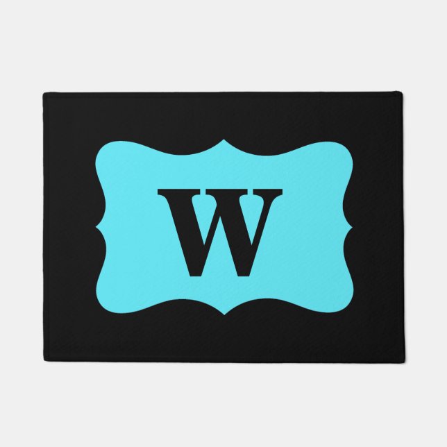 Black Turquoise Aqua Blue Monogram Initial Custom Doormat (Front)