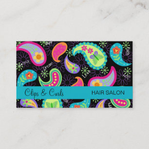 Black Turquoise Blue Modern Paisley Whimsy Pattern Business Card