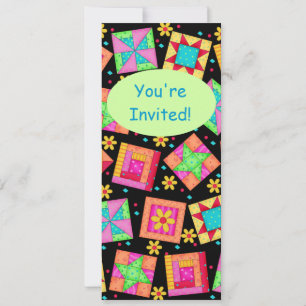 Black Turquoise Colourful Patchwork Quilt Block Ar Invitation
