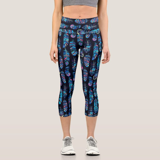 Black & Turquoise Feather Pattern Capri Leggings (Front)