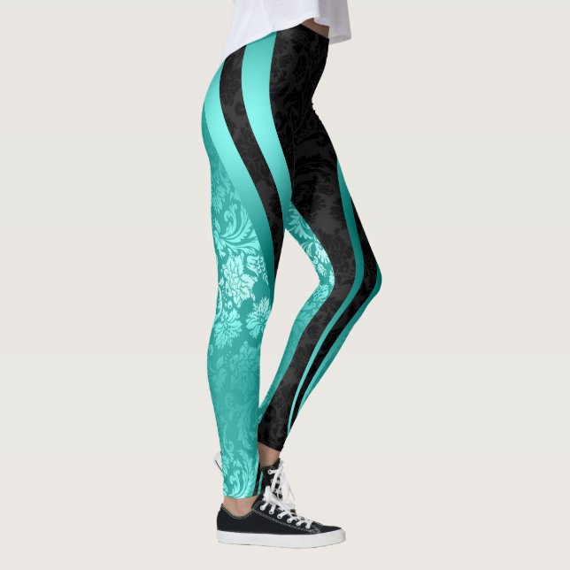 Black & Turquoise Floral Damasks Geometric Design Leggings (Right)