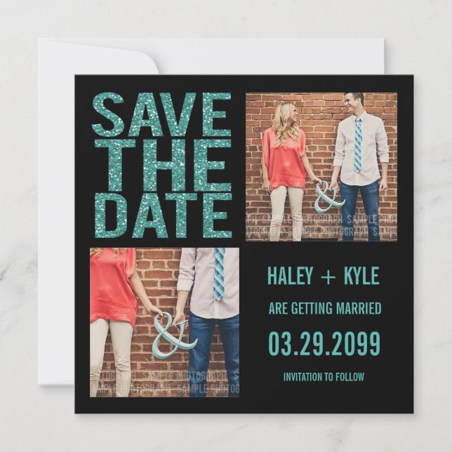 Black & Turquoise Glitter Save the Date Photo Card (Front)