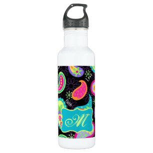 Black Turquoise Modern Paisley Pattern Monogram 710 Ml Water Bottle