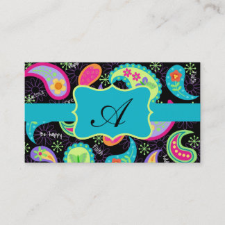 Black Turquoise Modern Paisley Pattern Monogram Business Card