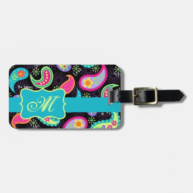 Black Turquoise Modern Paisley Pattern Monogram Luggage Tag (Front Horizontal)