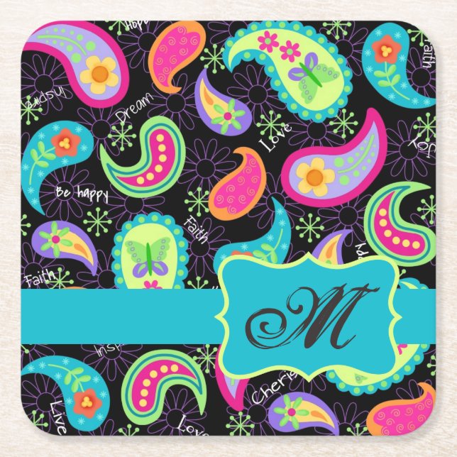 Black Turquoise Monogram Personalised Mod Paisley Square Paper Coaster (Front)