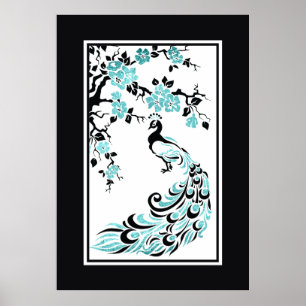 Black, turquoise peacock and cherry blossoms poster