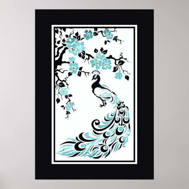 Black, turquoise peacock and cherry blossoms poster (Front)