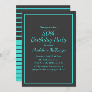Black Turquoise Striped 50th Birthday Party Invitation