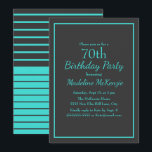 Black Turquoise Striped 70th Birthday Party Invitation<br><div class="desc">Celebrate a remarkable milestone with this elegant 70th birthday party invitation, featuring a deep charcoal background accented by vibrant aqua typography for a bold yet timeless look. A refined double-line border frames the design, while graceful script lettering paired with clean serif text creates a sophisticated balance of classic and modern...</div>