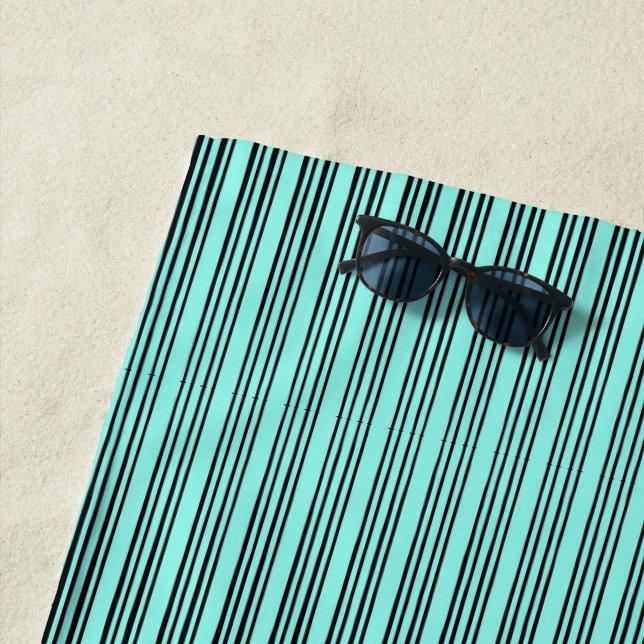 Black/Turquoise Stylish Stripe Pattern Beach Towel (In Situ)