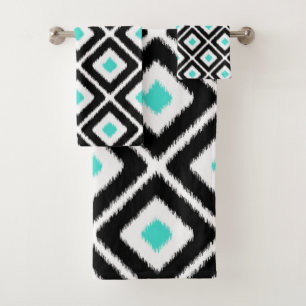 Black, Turquoise, White Ikat Diamond Pattern Bath Towel Set