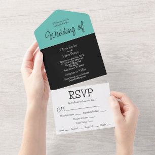 Black, Turquoise, White Minimalist Modern Wedding All In One Invitation