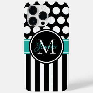 Black Turquoise White Stripe Polka Dot Monogram Case-Mate iPhone 14 Pro Max Case