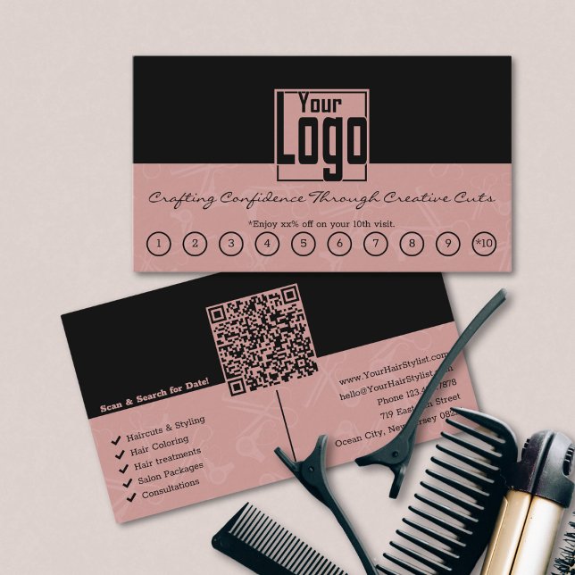 Black & Tuscany Pink Hair Salon Logo QR Code Loyalty Card (Black & Tuscany Pink Hair Salon Logo QR Code Loyalty Card)