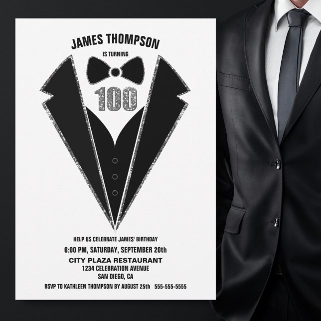 Black Tuxedo 100th Birthday Party Invitation (Creator Uploaded)