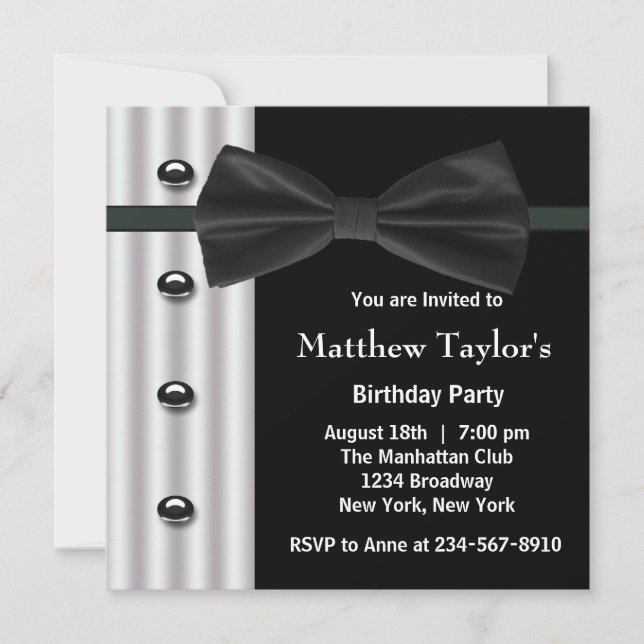 Black Tuxedo Bow Tie Mens Birthday Party Invitation (Front)