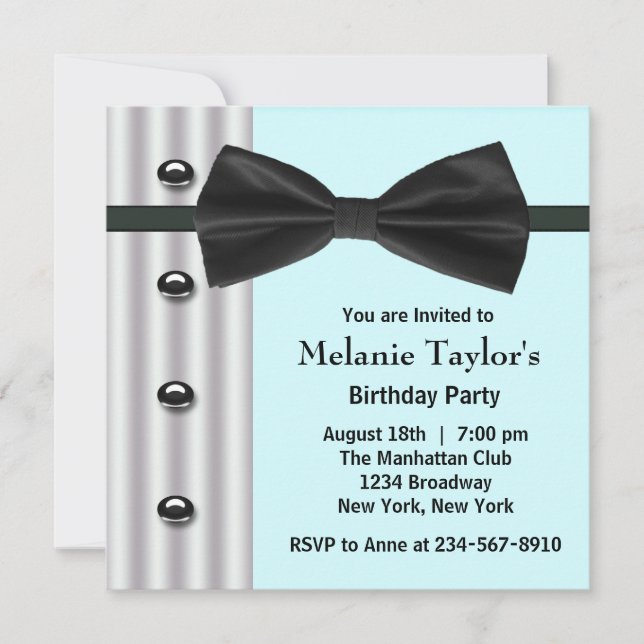 Black Tuxedo Bow Tie Teal Blue Birthday Party Invitation (Front)