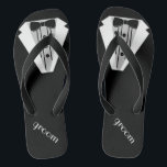 Black Tuxedo Flip Flop | Grooms Beach Wedding Tux<br><div class="desc">The perfect touch to your beach or poolside wedding. Black flip flops with a black and white formal tuxedo image. Your groom will marry in style with these fashionable "tuxedo flip-flop sandals" Add a matching wedding gown style for the bride! Please visit my store "The Hungarican Princess ™" at www.zazzle.com/hungaricanprincess*....</div>
