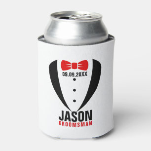 Black Tuxedo Red BowTie & Groomsman Text Can Cooler