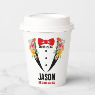Black Tuxedo Red BowTie & Groomsman Texto Paper Cu Cups