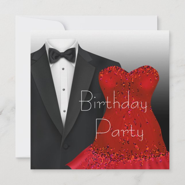 Black Tuxedo Red Dress Birthday Party Invitation (Front)