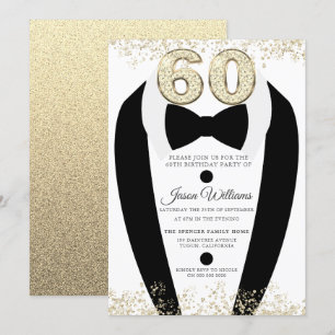 Black Tuxedo Suit Gold Mens 60th Birthday Party Invitation