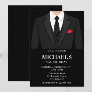 Black Tuxedo Suit Red Pocket 50th Birthday Invite