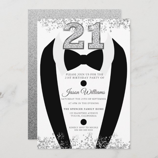 Black Tuxedo Suit Silver Mens 21st Birthday Party Invitation (Front/Back)