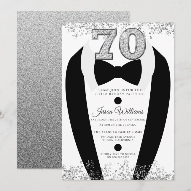 Black Tuxedo Suit Silver Mens 70th Birthday Party Invitation (Front/Back)