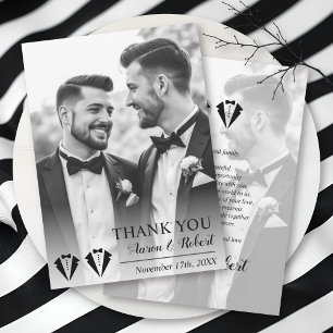Black tuxedo two grooms gay wedding photo thank you card