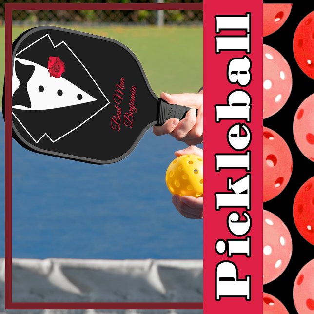 Black Tuxedo with Red Rose Flower Personalised Pickleball Paddle (Black Tuxedo with Red Rose Flower Personalized Pickleball Paddle to Personalize)