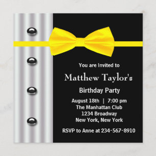 Black Tuxedo Yellow Bow Tie Mens Birthday Party Invitation