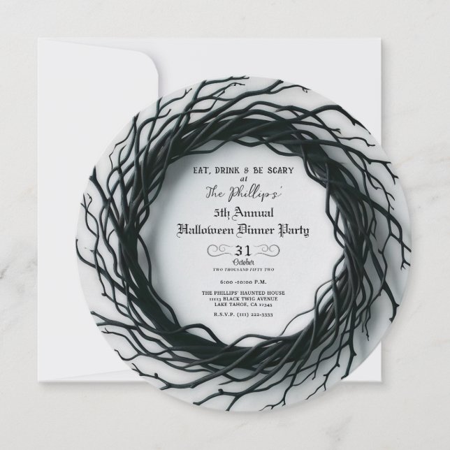 Black Twig Elegant Fall Halloween Dinner Party Invitation (Front)