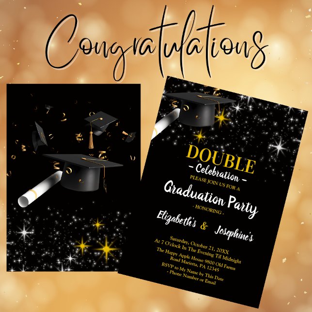 Black Two Graduates Double Graduation Party 2025 Invitation (Creator Uploaded)
