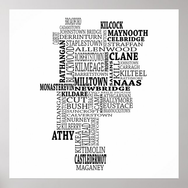 Black Typographical Map of Co. Kildare, Ireland Poster (Front)
