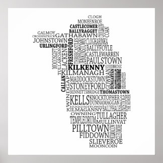 Black Typographical Map of Co. Kilkenny, Ireland Poster