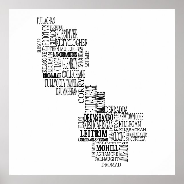 Black Typographical Map of Co. Leitrim, Ireland Poster (Front)