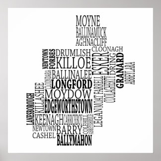 Black Typographical Map of Co. Longford, Ireland Poster