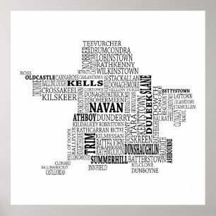 Black Typographical Map of Co. Meath, Ireland Poster