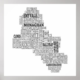 Black Typographical Map of Co. Monaghan, Ireland Poster