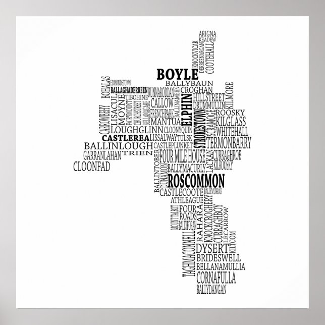Black Typographical Map of Co. Roscommon, Ireland Poster (Front)