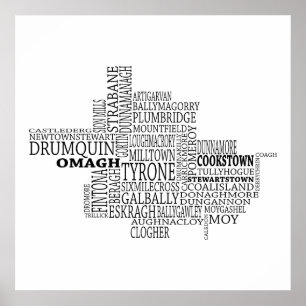 Black Typographical Map of Co. Tyrone, Ireland Poster