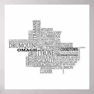 Black Typographical Map of Co. Tyrone, Ireland Poster